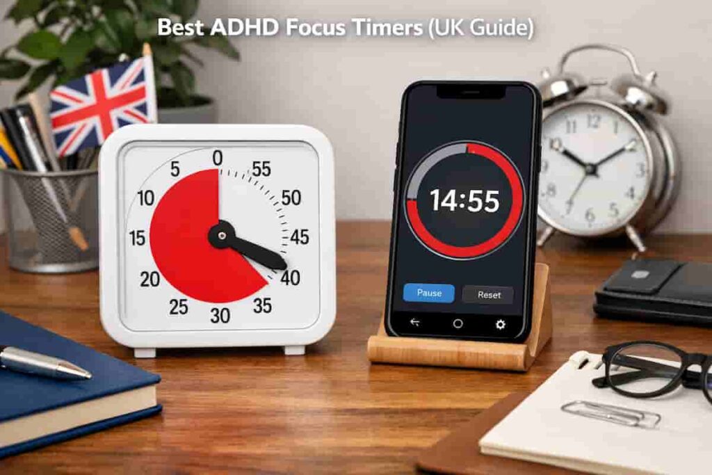 Best ADHD Focus Timers (UK Guide) visual timer and app timer setup on a tidy UK desk