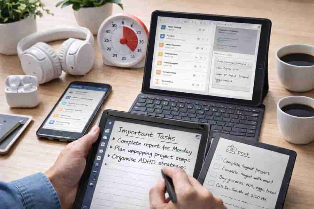 alt="digital productivity tools for ADHD UK workspace setup"