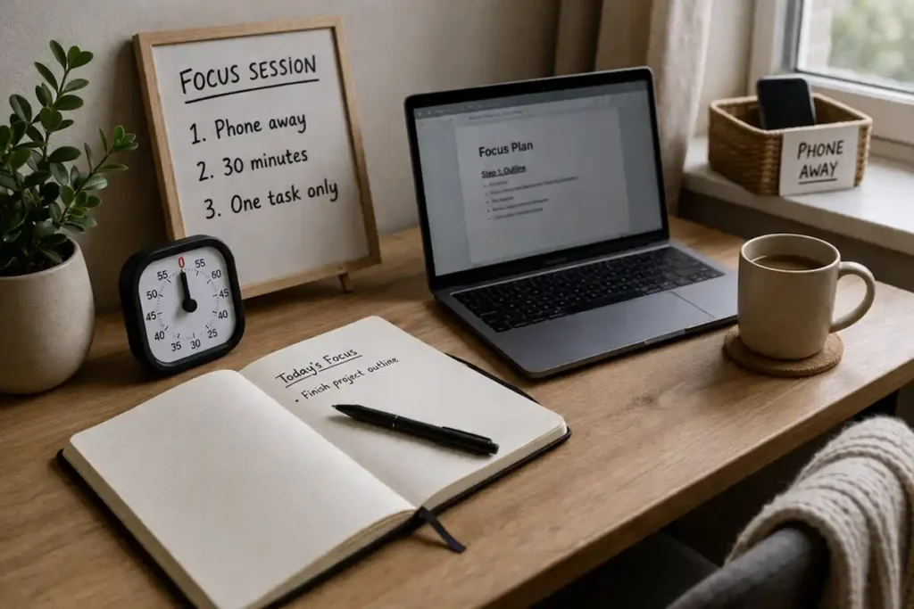 How to Stop Checking Your Phone Every 5 Minutes desk setup with phone placed out of reach during focus session