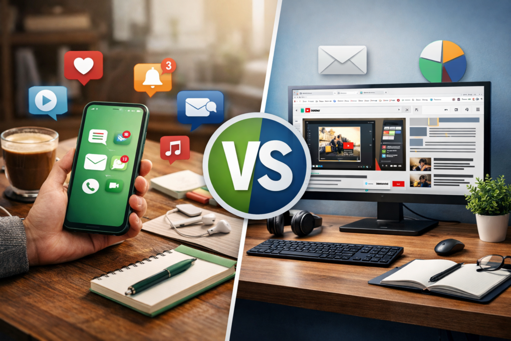 Phone vs Desktop Distraction workspace setup for ADHD adults in the UK