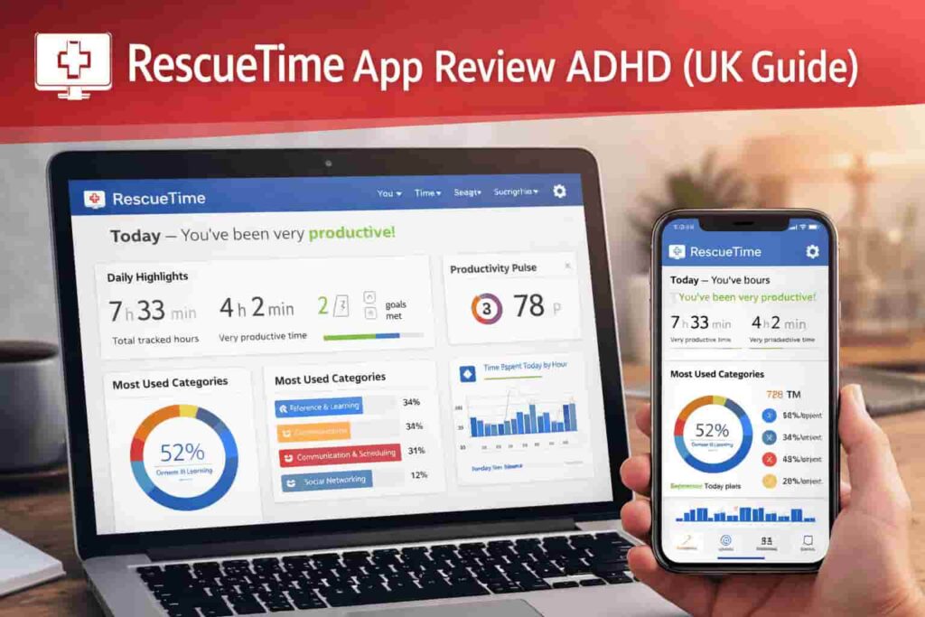 RescueTime App Review ADHD (UK Guide) dashboard showing focus sessions and activity tracking