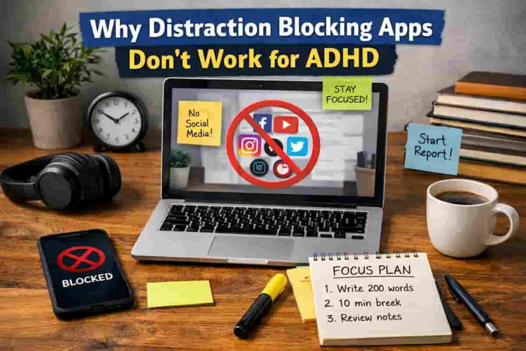 Why Distraction Blocking Apps Don’t Work for ADHD workspace with phone, laptop and focus notes