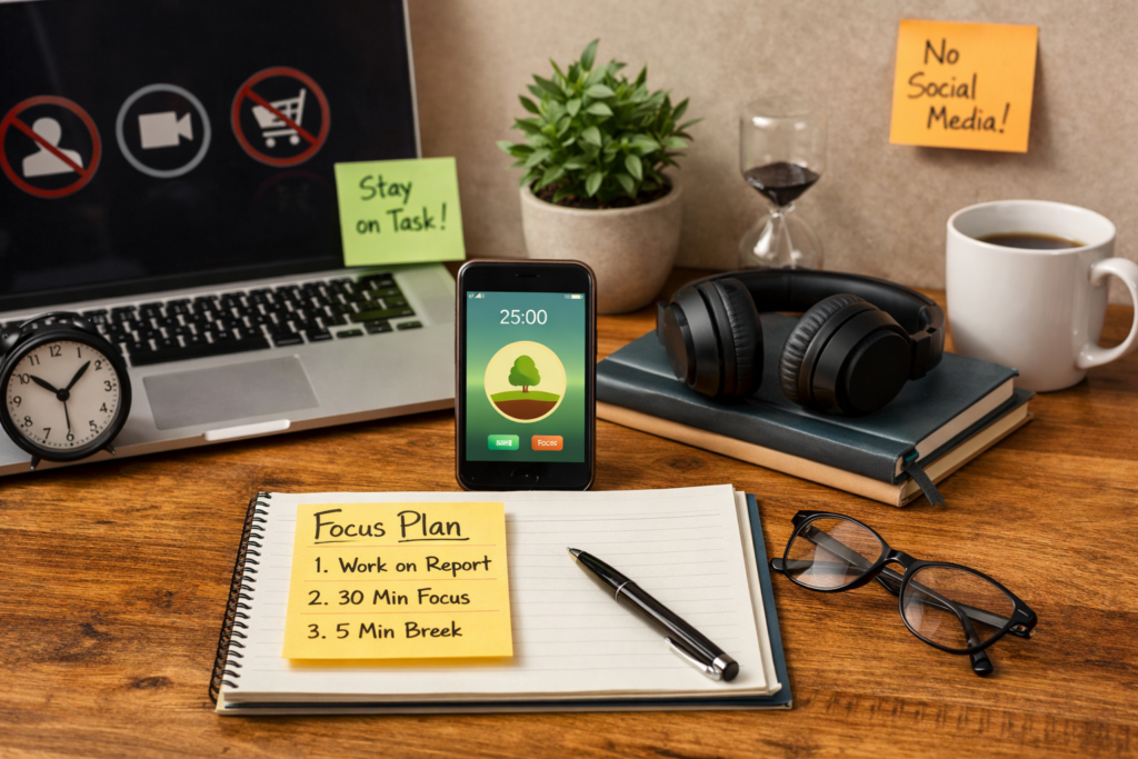 Why Distraction Blocking Apps Don’t Work for ADHD workspace with phone, laptop and focus notes