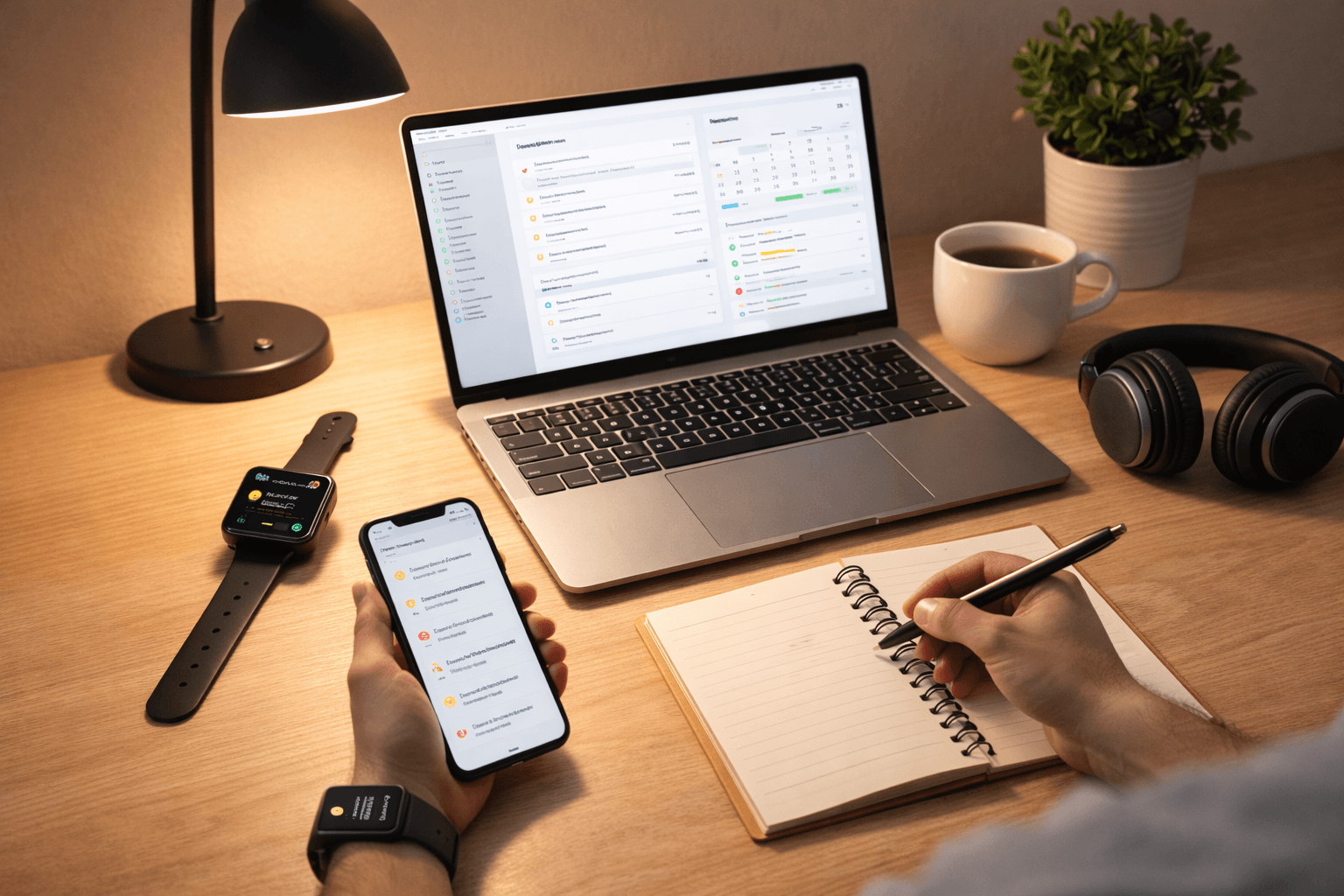 ADHD productivity tools UK workspace with laptop phone reminders and headphones