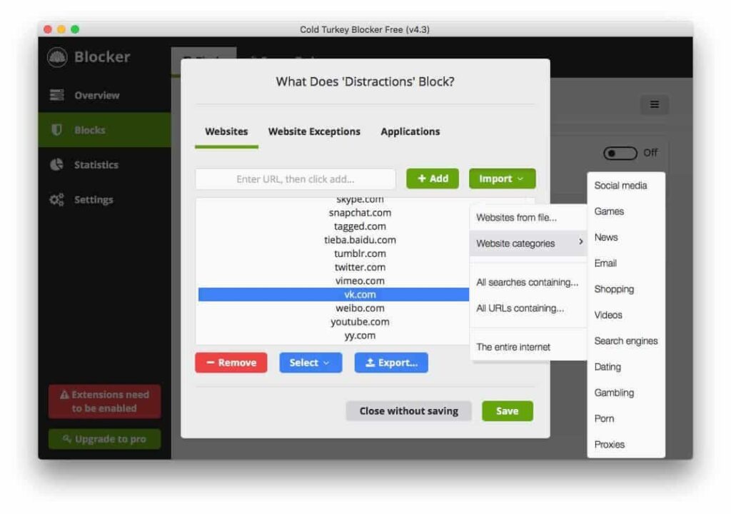 Cold Turkey blocker on desktop browser for ADHD work sessions