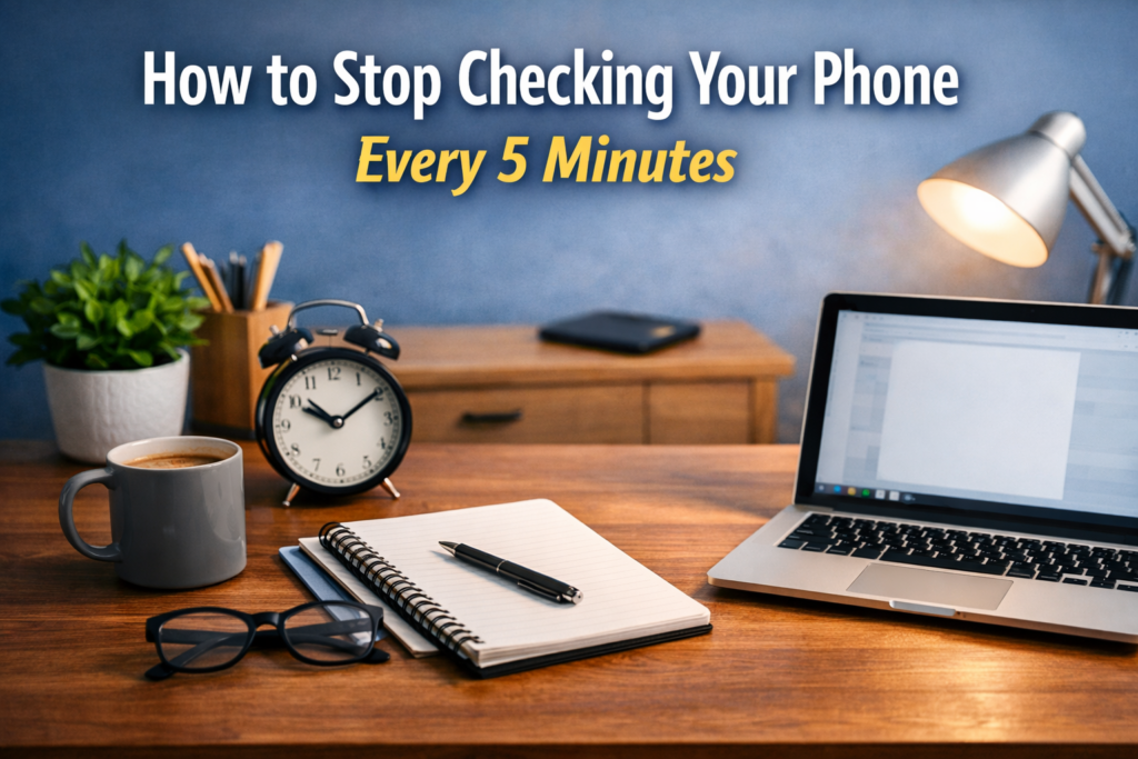 How to Stop Checking Your Phone Every 5 Minutes workspace with phone placed away from desk
