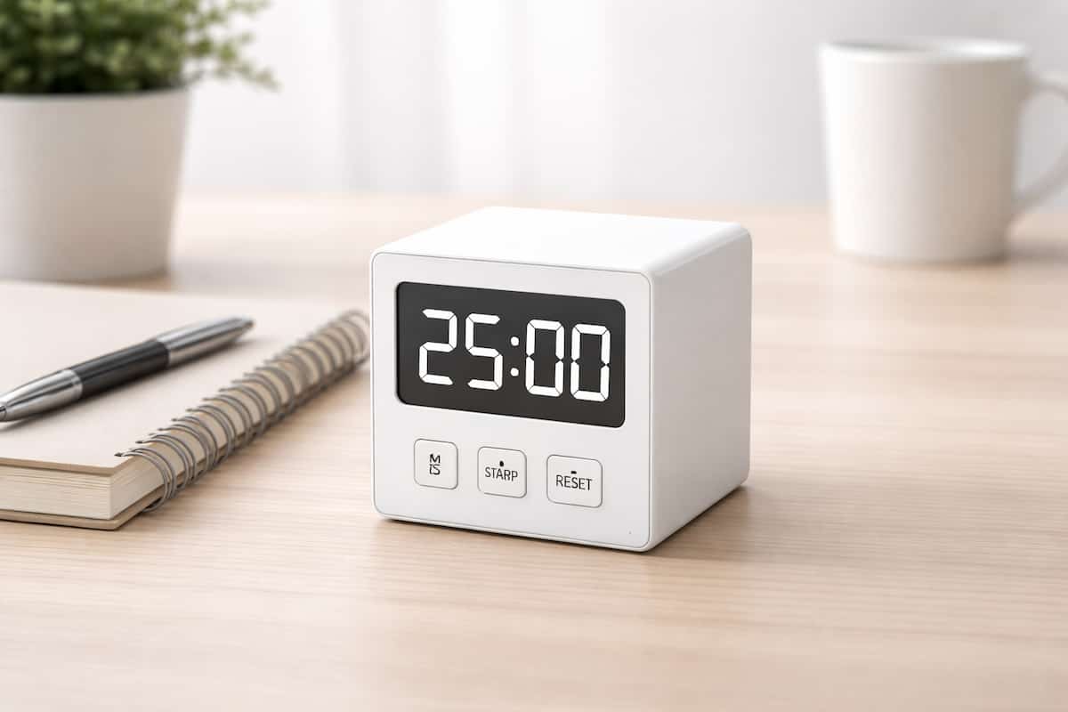 Simple Digital Countdown Timer for ADHD Focus next to planner during home office routine