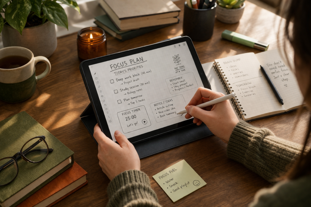 How to Stay Focused Using a Tablet on a tidy desk with planner and stylus