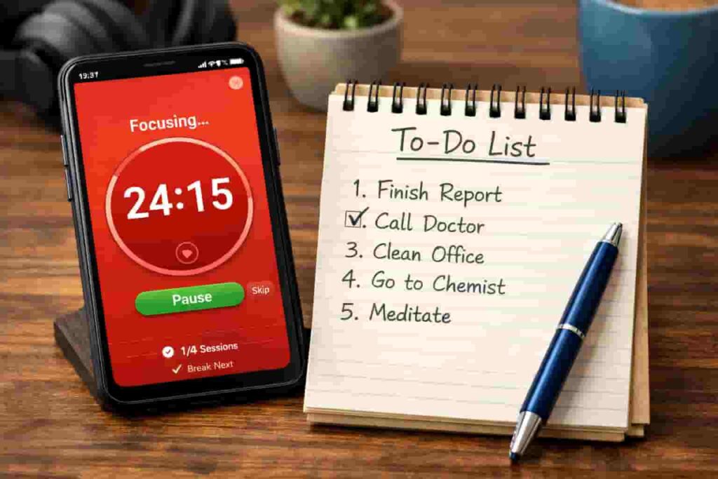 Focus To-Do App Review for ADHD Focus timer session running beside a written task list"