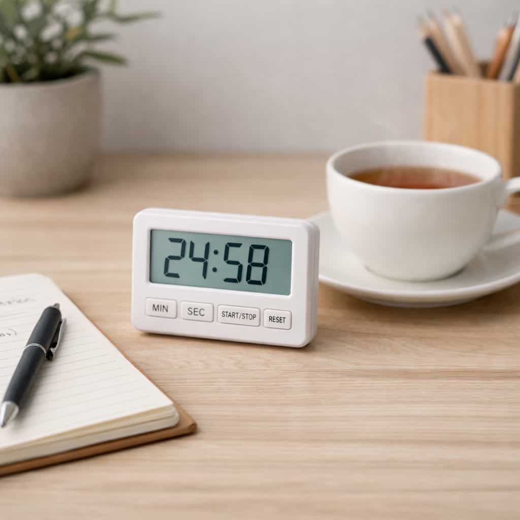 Simple Digital Countdown Timer for ADHD Focus during a short work sprint with notebook and tea