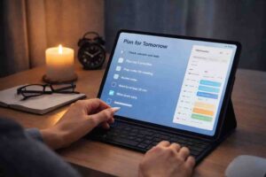 Why Tablets Can Reduce Distraction for ADHD evening planning session on a tidy tablet screen