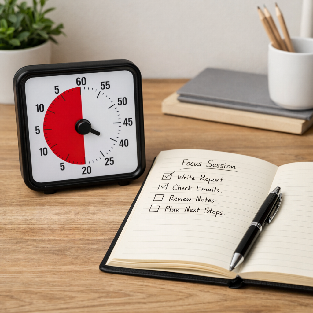 Time Timer Original Review for ADHD visual timer on a tidy UK desk with planner and notebook