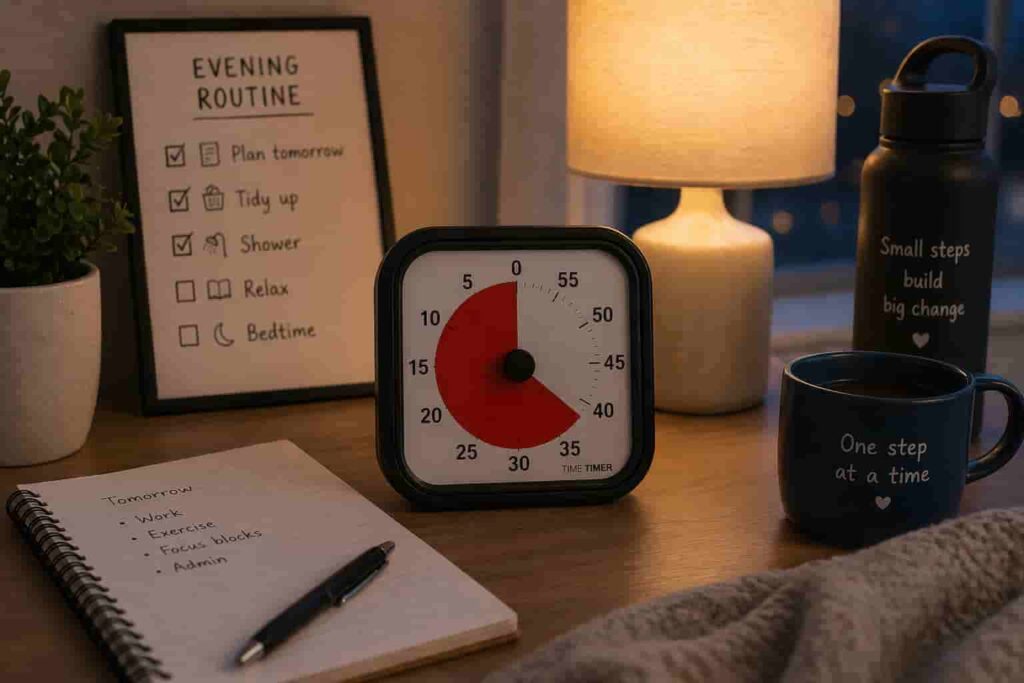Why Time Blindness Makes ADHD Focus Difficult (And How Timers Help) timer used during evening routine with notebook and tea