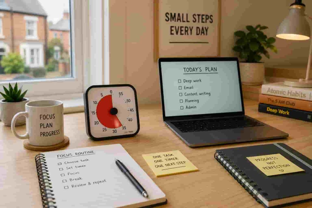 How to Build a Focus Routine Using Timers for ADHD focus on a calm UK desk