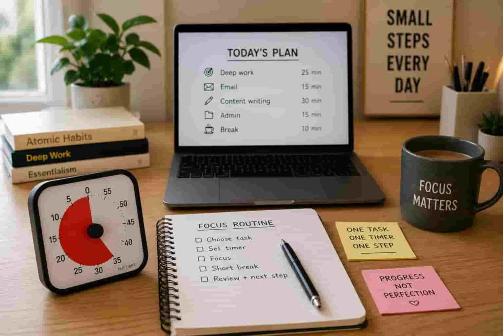 How to Build a Focus Routine Using Timers with visual timer notebook and laptop setup