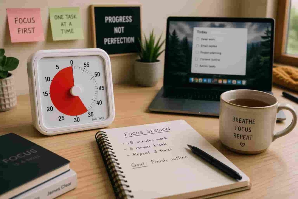 How to Use a Visual Timer for ADHD Focus workspace with visual timer notebook and tea