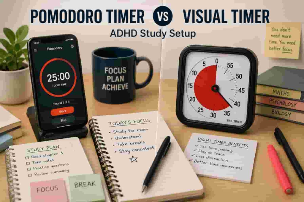 Pomodoro Timer vs Visual Timer ADHD study setup with notebook and countdown timer