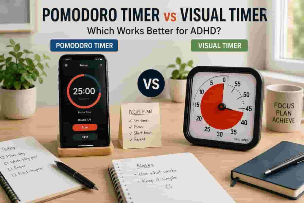 Pomodoro Timer vs Visual Timer comparison for ADHD focus on a tidy UK desk