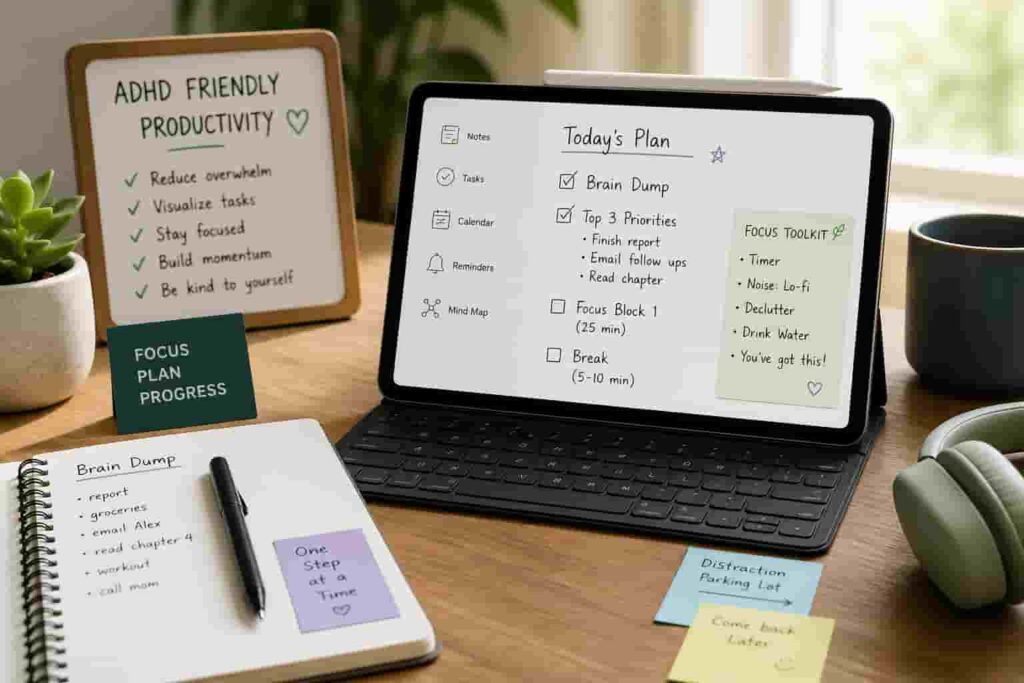 What Makes a Tablet Good for ADHD Productivity Key Features That Actually Help workspace setup with tablet and notes