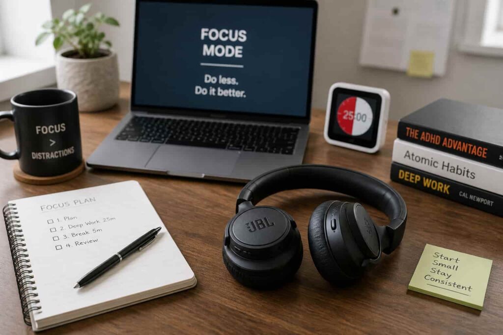 JBL Tune 760NC review for ADHD focus workspace setup with laptop and headphones UK