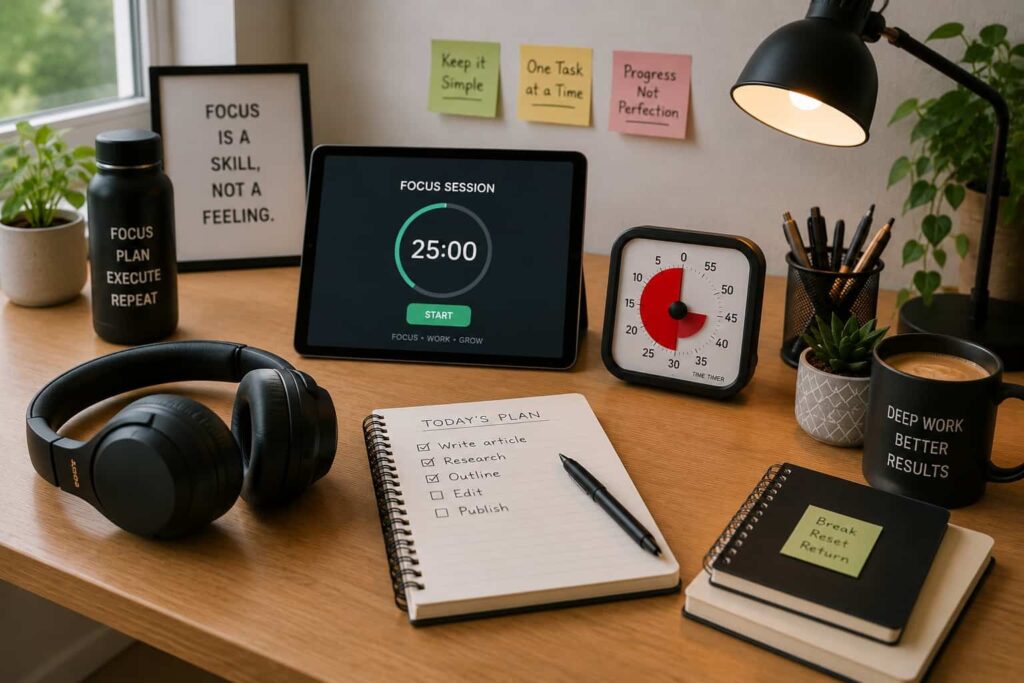 How to Build a Focus Workspace Using Noise Cancelling Headphones with timer tablet and ADHD-friendly desk setup