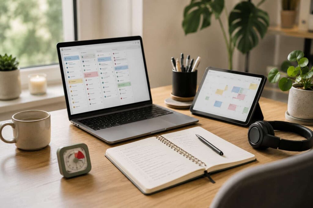 Best Productivity Apps for ADHD Adults UK guide with tablet task app and calm workspace setup