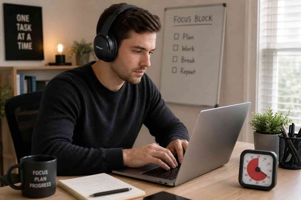 Bose QuietComfort 45 Review for ADHD headphones used during focused work session with laptop