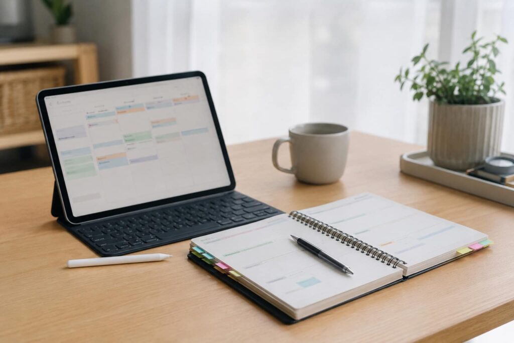 Digital vs Paper Planning for ADHD with planner tablet notes and simple productivity setup