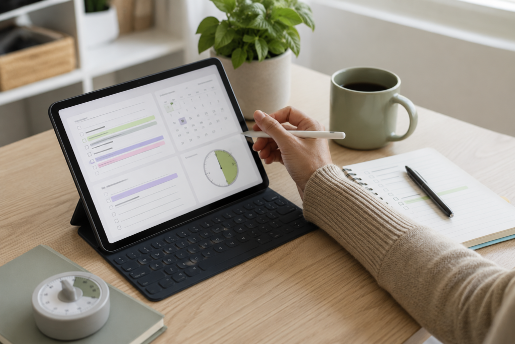 Digital vs Paper Planning for ADHD hybrid setup with notebook calendar app and focus timer