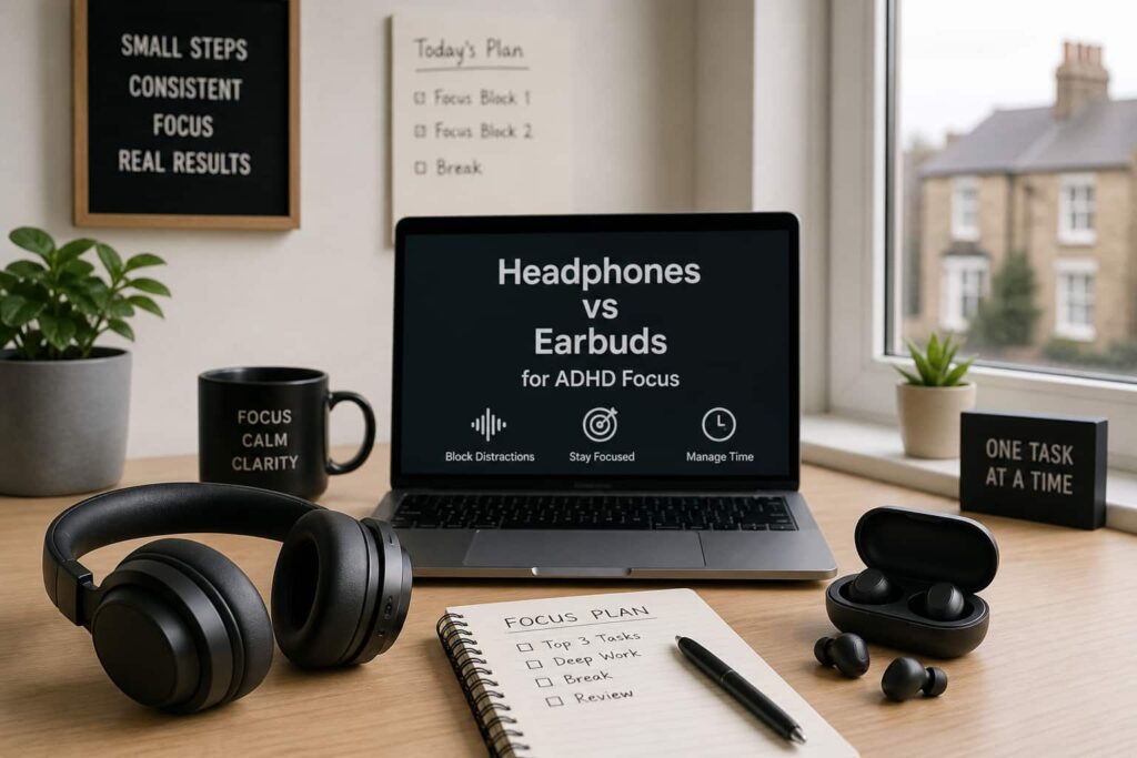 Headphones vs Earbuds for ADHD Focus in a calm UK workspace setup