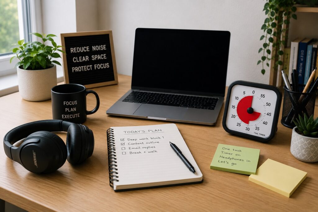 How to Build a Focus Workspace Using Noise Cancelling Headphones in a calm ADHD-friendly UK desk setup