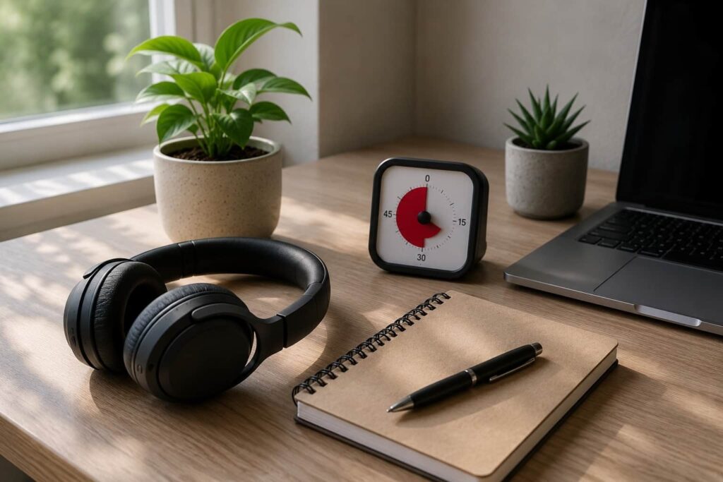 How to Choose the Best Noise Cancelling Headphones for ADHD with headphones laptop timer and simple desk setup