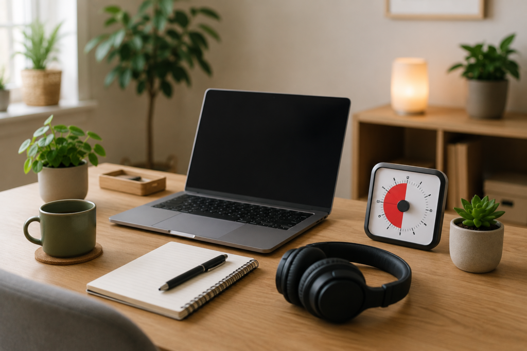 How to Use Noise Cancelling Headphones for Deep Work with timer laptop and simple ADHD focus setup
