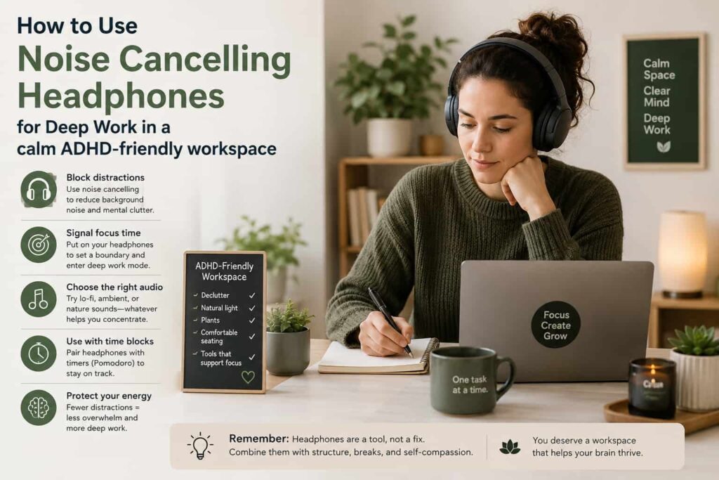 How to Use Noise Cancelling Headphones for Deep Work in a calm ADHD-friendly workspace