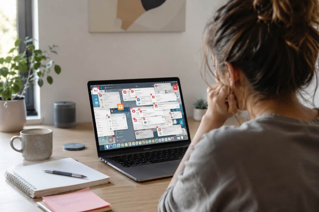 Too Many Productivity Apps Can Make ADHD Worse shown with fewer apps, notebook, timer, and calm workspace