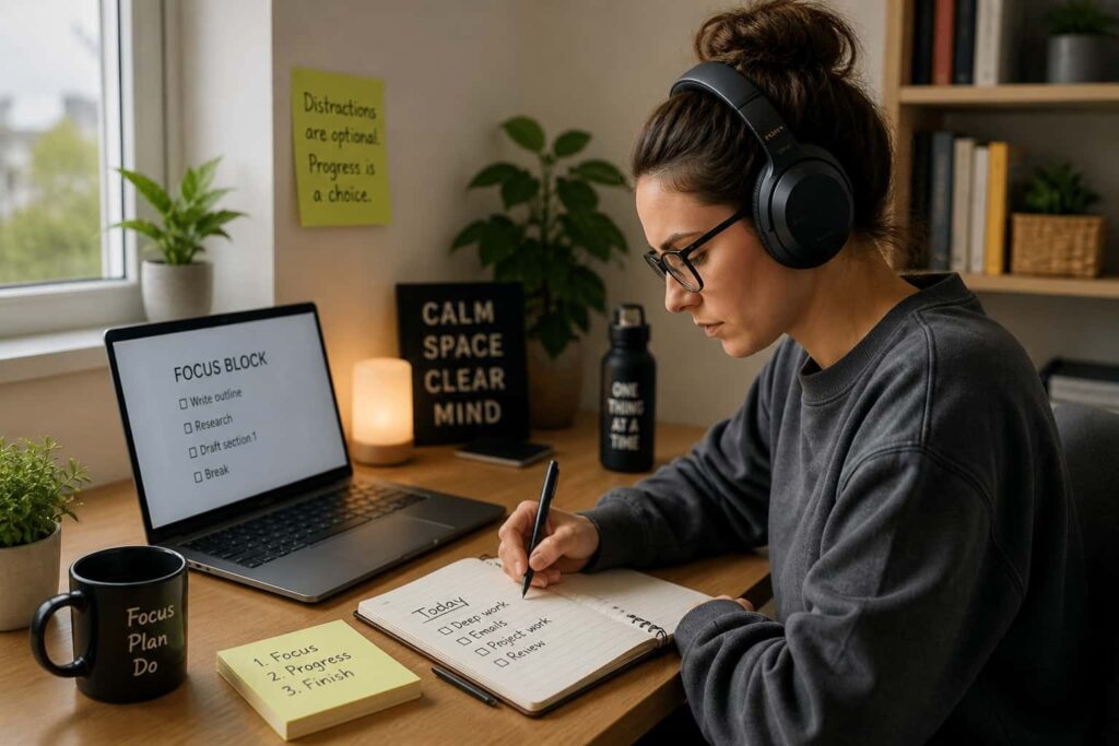 Why Noise Cancelling Helps ADHD Focus during work from home with headphones laptop and notes