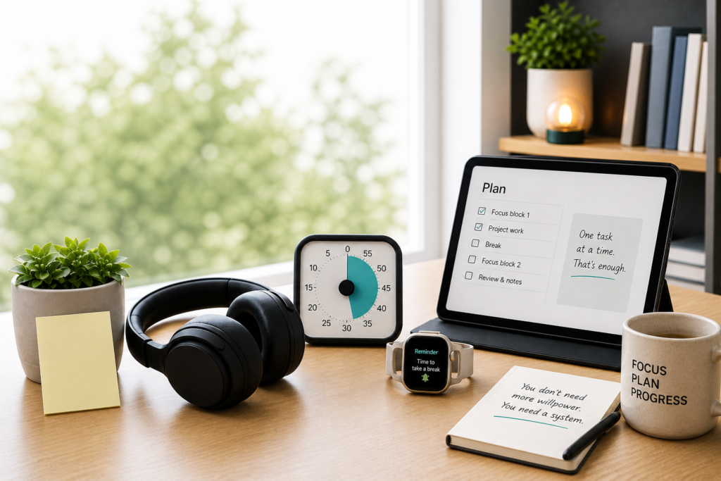 workspace desk setup ADHD UK with timer tablet and headphones