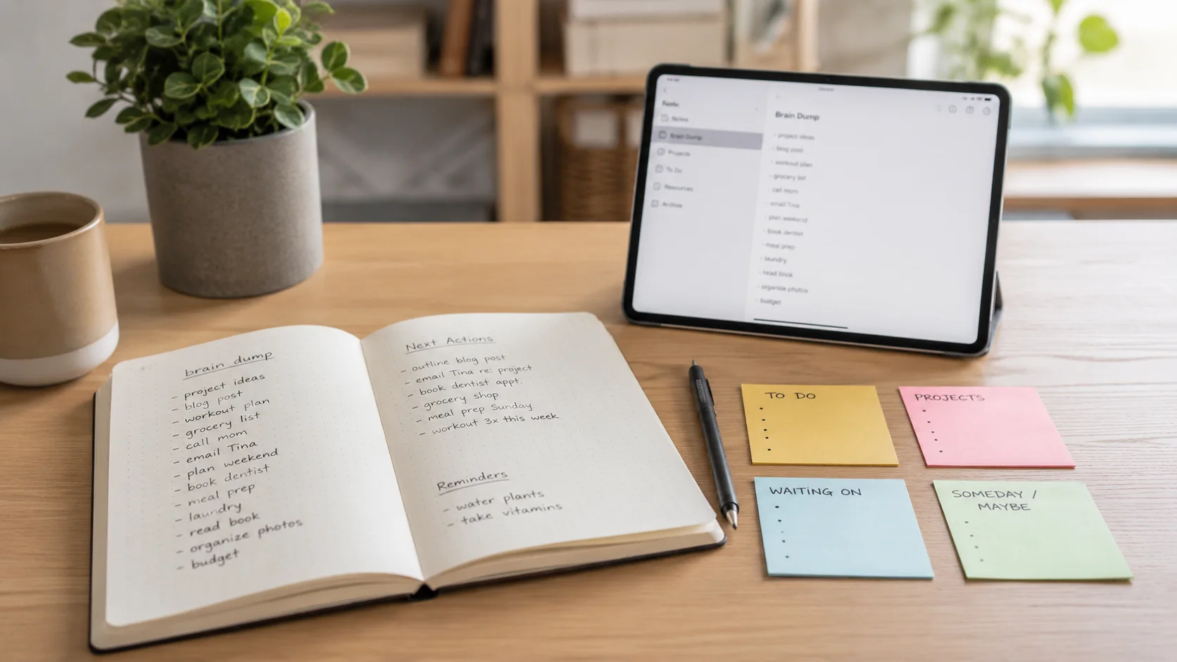 Open notebook and organised sticky notes used for an ADHD brain dump