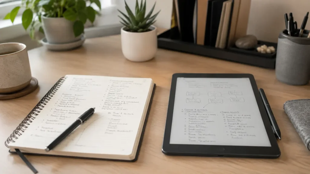 Digital vs Paper Note-Taking for ADHD showing a notebook beside a digital note-taking device