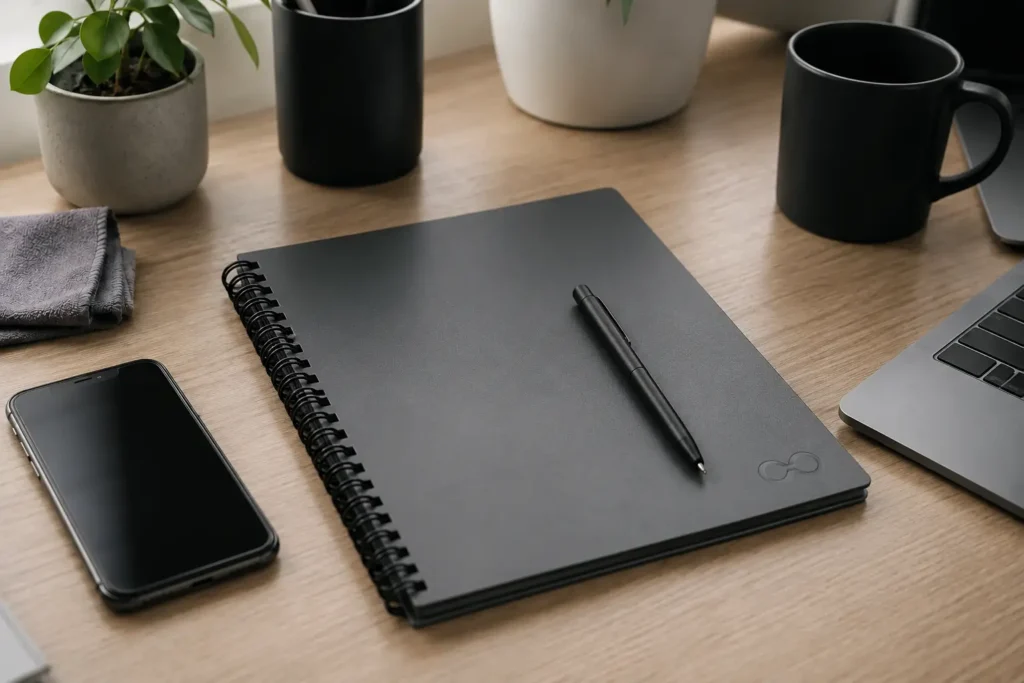 Rocketbook Review for ADHD Productivity UK CTA Rocketbook reusable notebook on a tidy desk for ADHD productivity