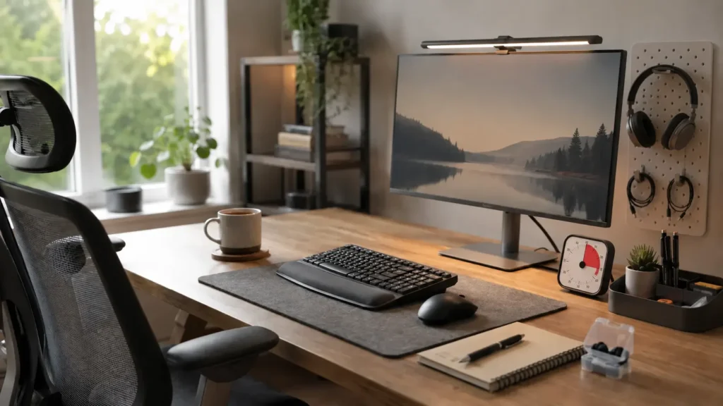 ADHD desk setup tools including a monitor light, pegboard, headphones and visual timer