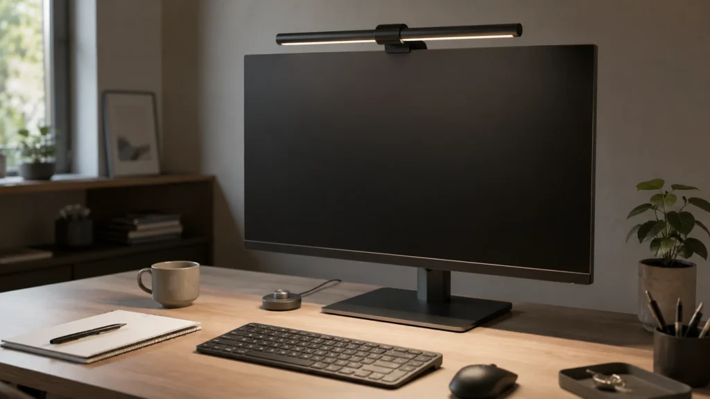 BenQ ScreenBar Review for ADHD Focus used above a monitor in a calm organised home office