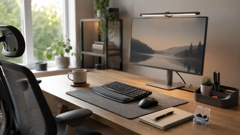 ADHD desk setup tools including a pegboard, desk lighting, keyboard and mouse