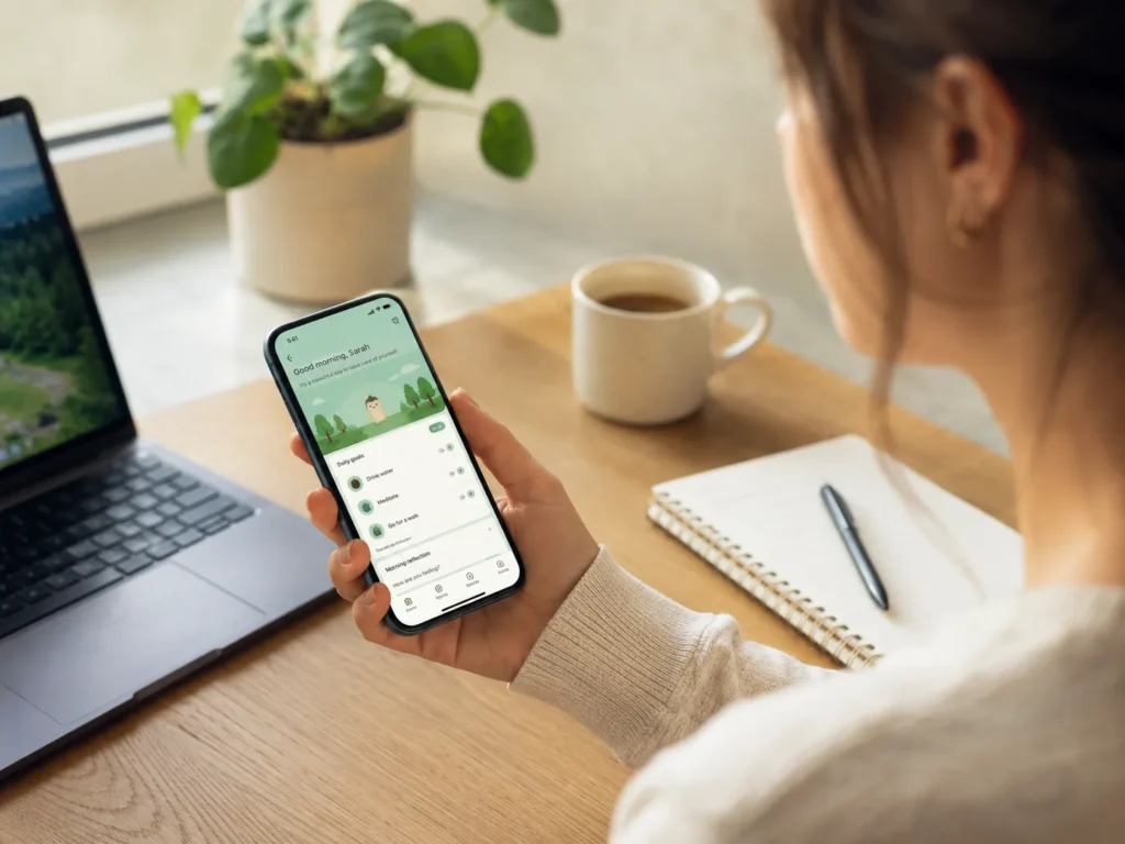 Adult using Finch during a calm ADHD-friendly morning routine in an organised workspace