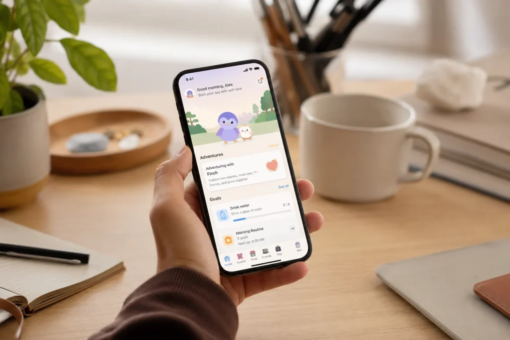 Finch Review for ADHD showing the self-care app on a smartphone in an organised workspace