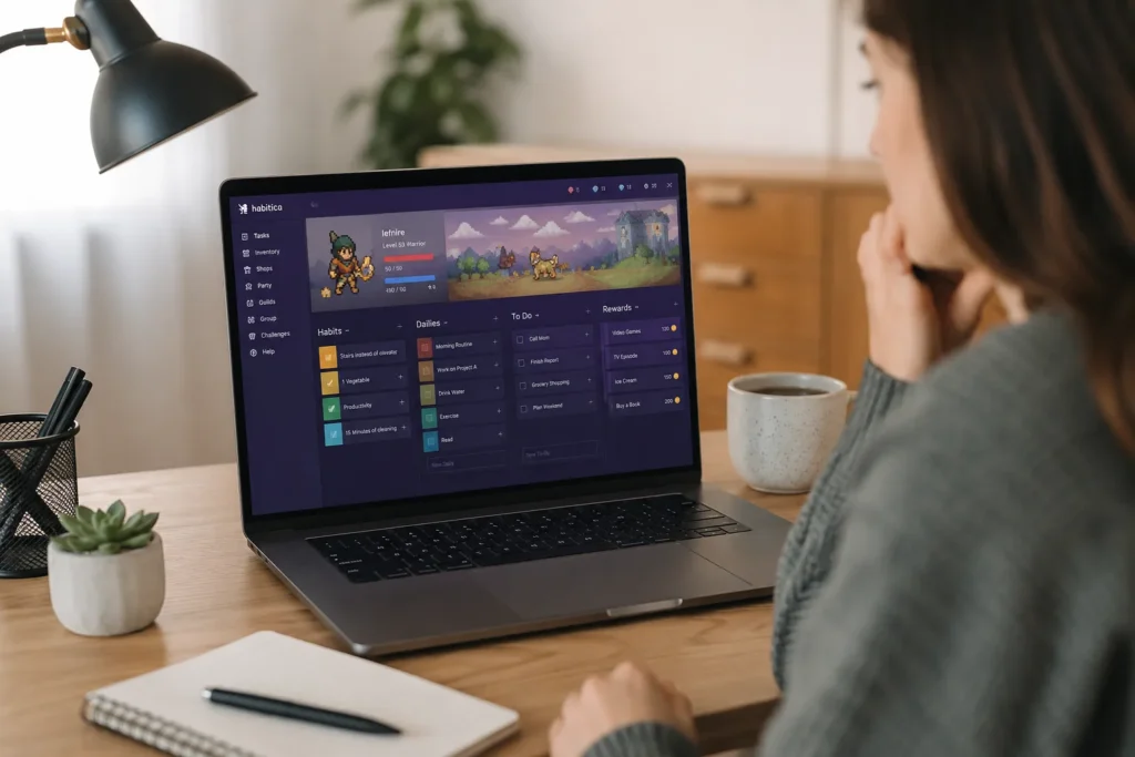 Habitica Review for ADHD app used during a calm daily routine at an organised desk