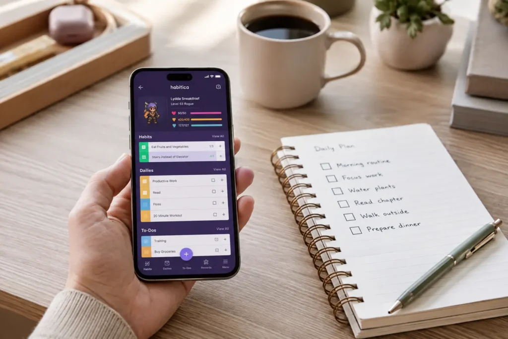 Habitica Review for ADHD showing the gamified task and habit tracking app on a smartphone