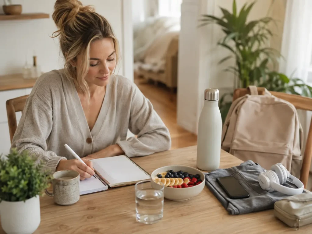 How to Create a Morning Routine with ADHD using a simple checklist beside breakfast and morning essentials"