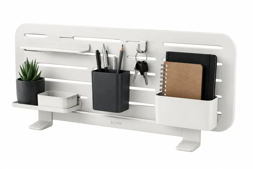 Leitz Ergo Pegboard Desk Organiser holding everyday desk items above a clear work surface