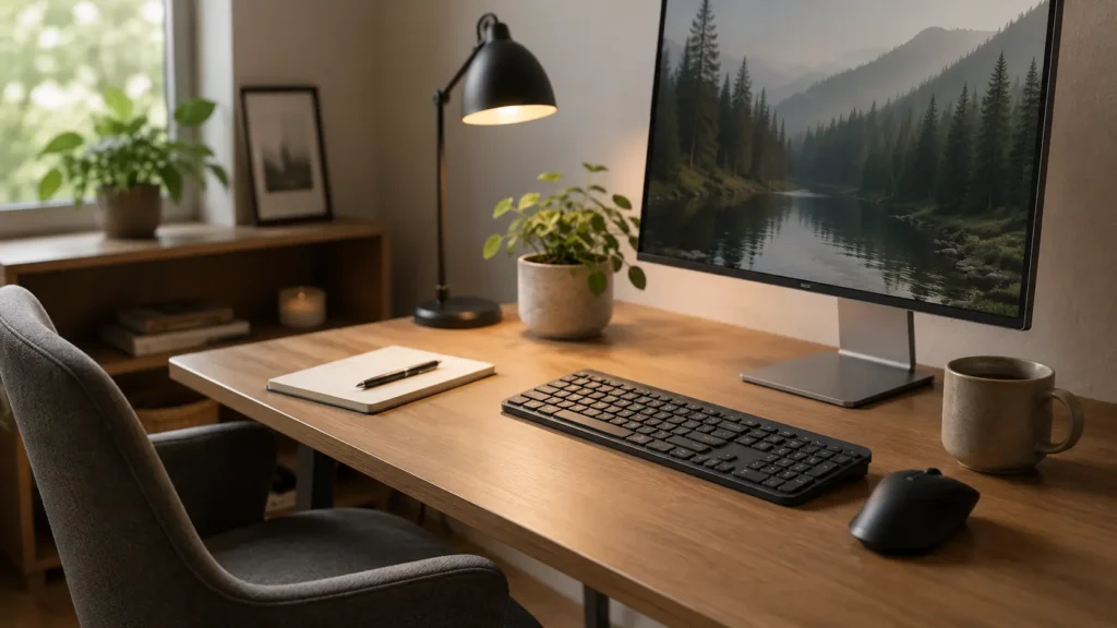 Logitech MX Keys S used at a calm home-office desk with a monitor and notebook